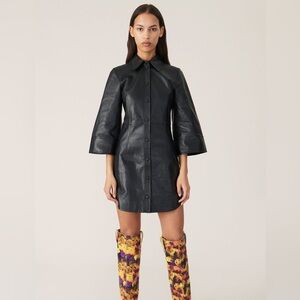 Ganni Black Leather Western Shirt Dress 36 2/4